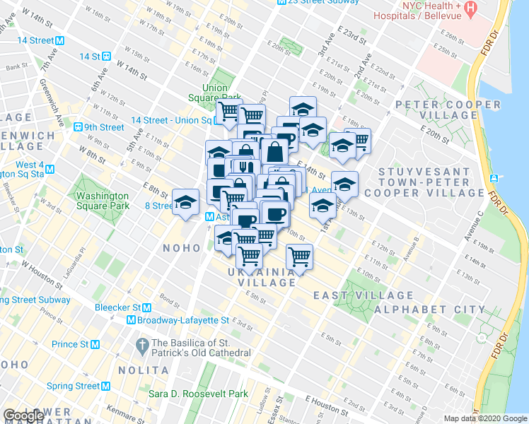 map of restaurants, bars, coffee shops, grocery stores, and more near 225 East 11th Street in New York