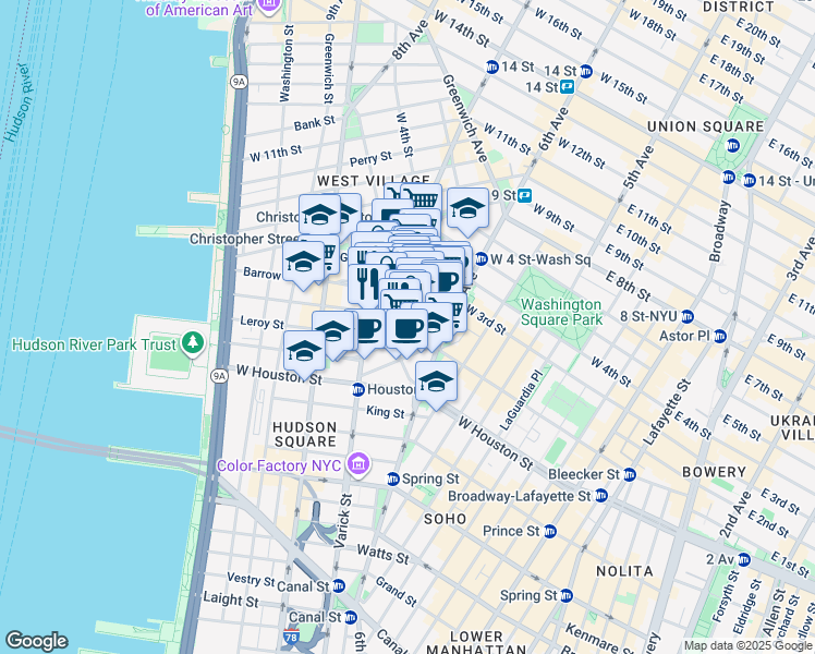 map of restaurants, bars, coffee shops, grocery stores, and more near 27 7th Avenue South in New York
