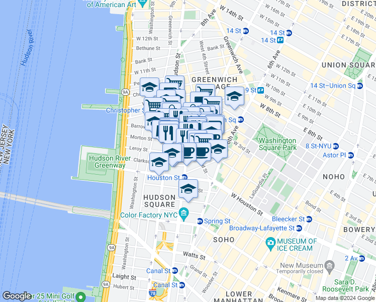 map of restaurants, bars, coffee shops, grocery stores, and more near 51 Morton Street in New York