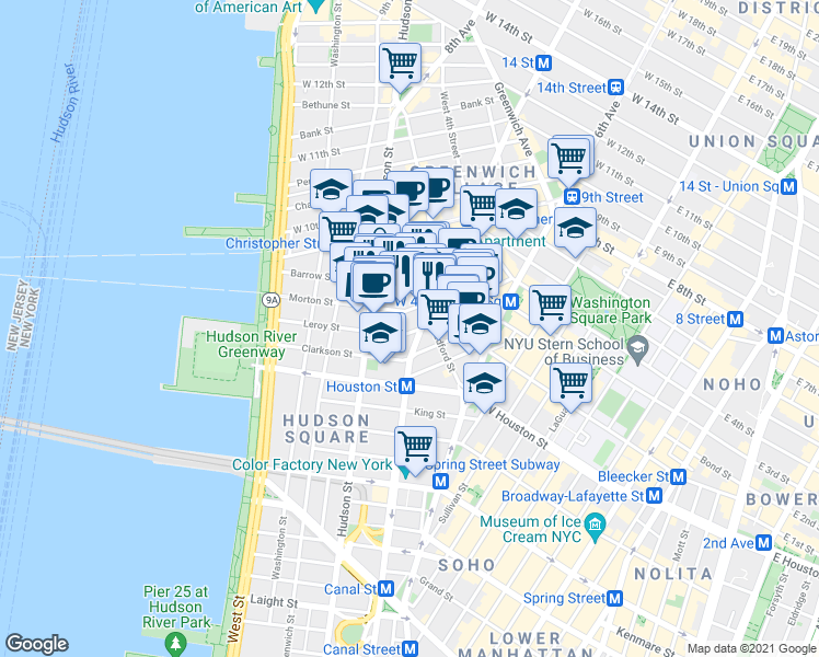 map of restaurants, bars, coffee shops, grocery stores, and more near 51 Morton Street in New York
