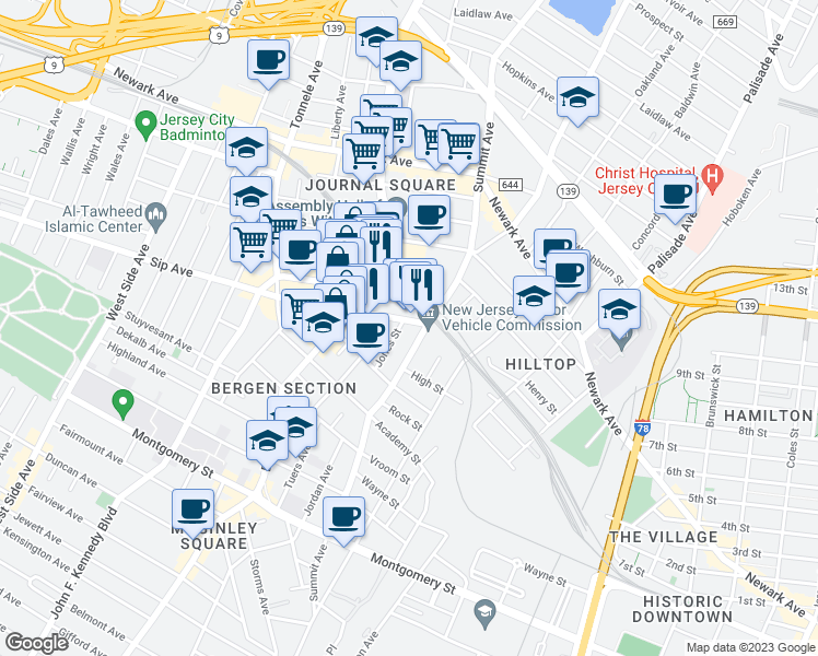 map of restaurants, bars, coffee shops, grocery stores, and more near 72 Sip Avenue in Jersey City