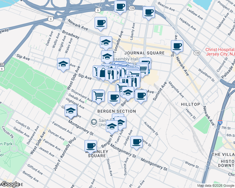 map of restaurants, bars, coffee shops, grocery stores, and more near 20 Tonnelle Avenue in Jersey City