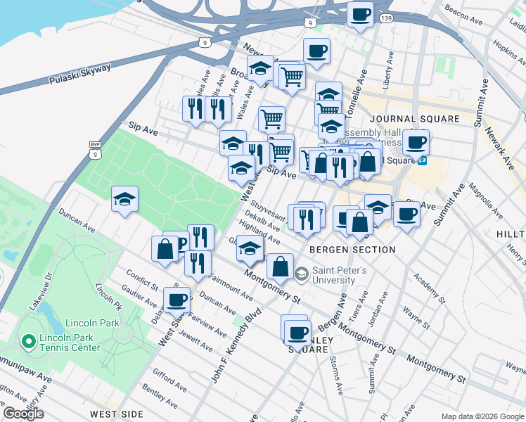 map of restaurants, bars, coffee shops, grocery stores, and more near 916 West Side Avenue in Jersey City