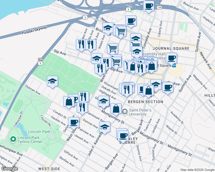map of restaurants, bars, coffee shops, grocery stores, and more near 916 West Side Avenue in Jersey City