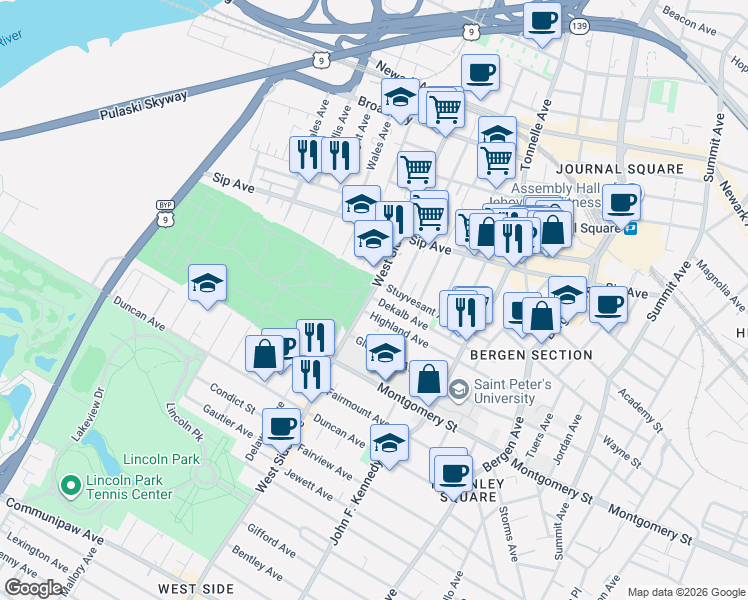 map of restaurants, bars, coffee shops, grocery stores, and more near 916 West Side Avenue in Jersey City