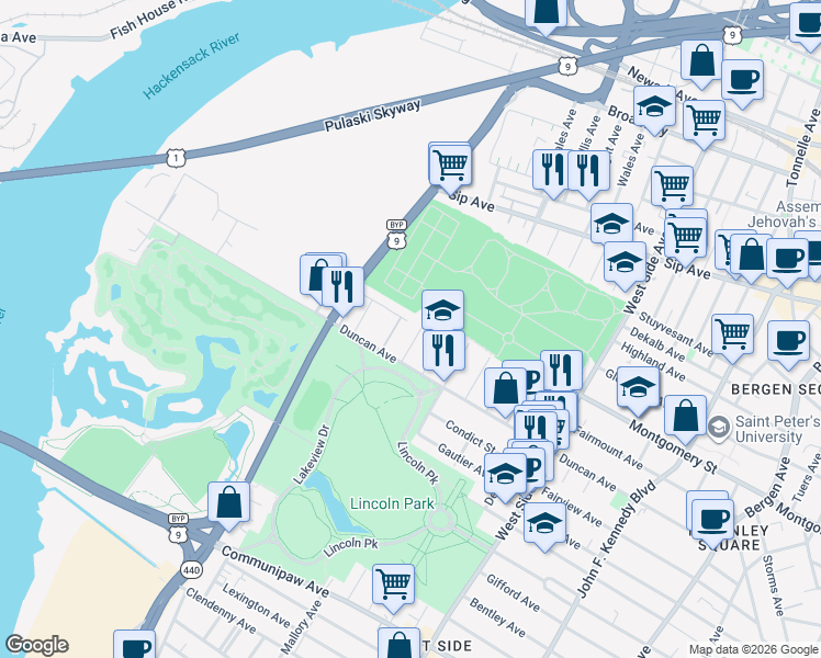 map of restaurants, bars, coffee shops, grocery stores, and more near 129 Harvey Avenue in Jersey City