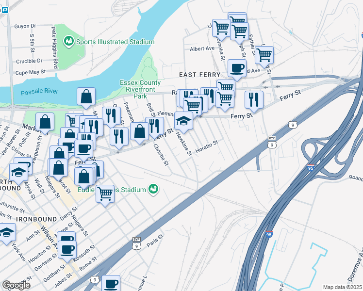 map of restaurants, bars, coffee shops, grocery stores, and more near 15 Hawkins Street in Newark