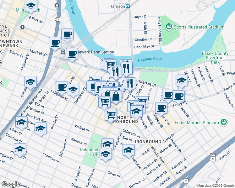 map of restaurants, bars, coffee shops, grocery stores, and more near 35 Adams Street in Newark