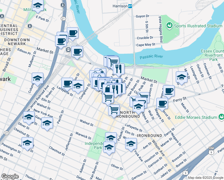 map of restaurants, bars, coffee shops, grocery stores, and more near 44 Monroe Street in Newark