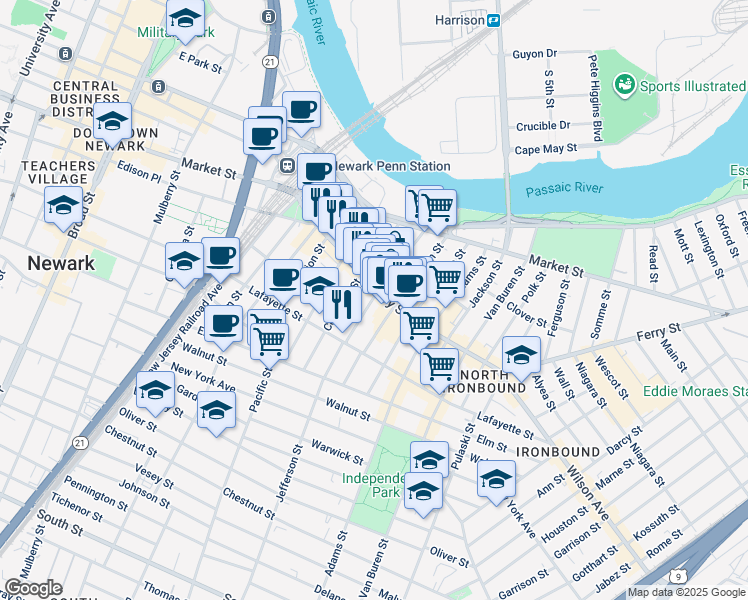 map of restaurants, bars, coffee shops, grocery stores, and more near 89 Ferry Street in Newark