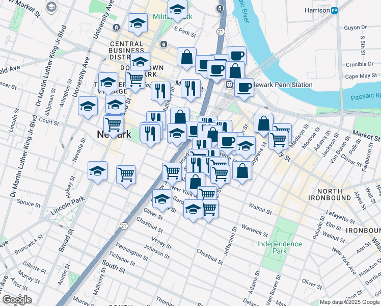 map of restaurants, bars, coffee shops, grocery stores, and more near 76 New Jersey Railroad Avenue in Newark