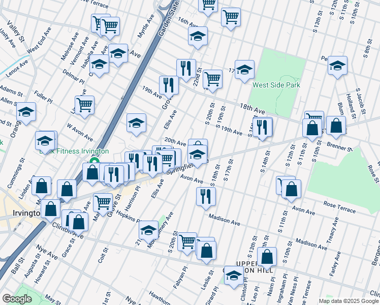 map of restaurants, bars, coffee shops, grocery stores, and more near 10 20th Avenue in Irvington