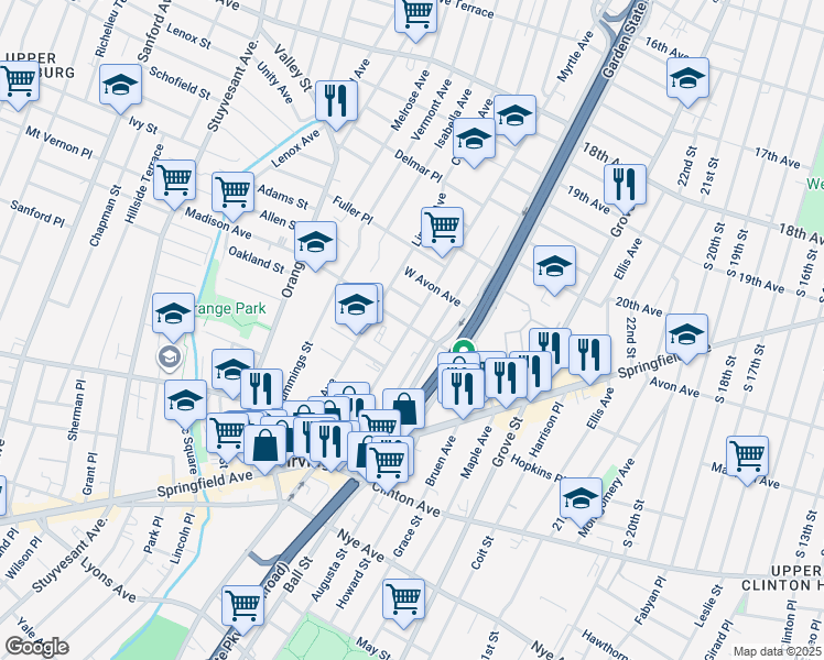 map of restaurants, bars, coffee shops, grocery stores, and more near 150 Myrtle Avenue in Irvington