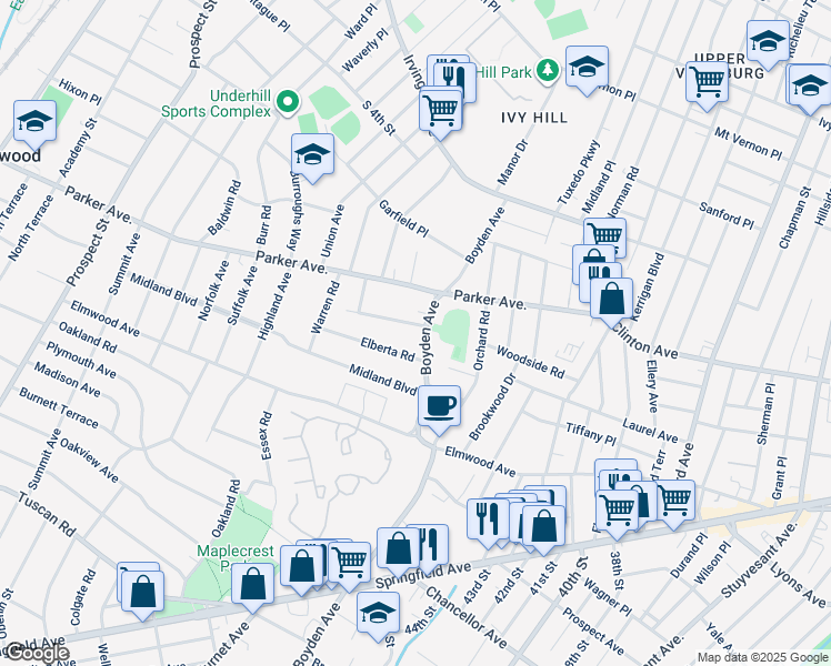 map of restaurants, bars, coffee shops, grocery stores, and more near 57 Boyden Avenue in Maplewood