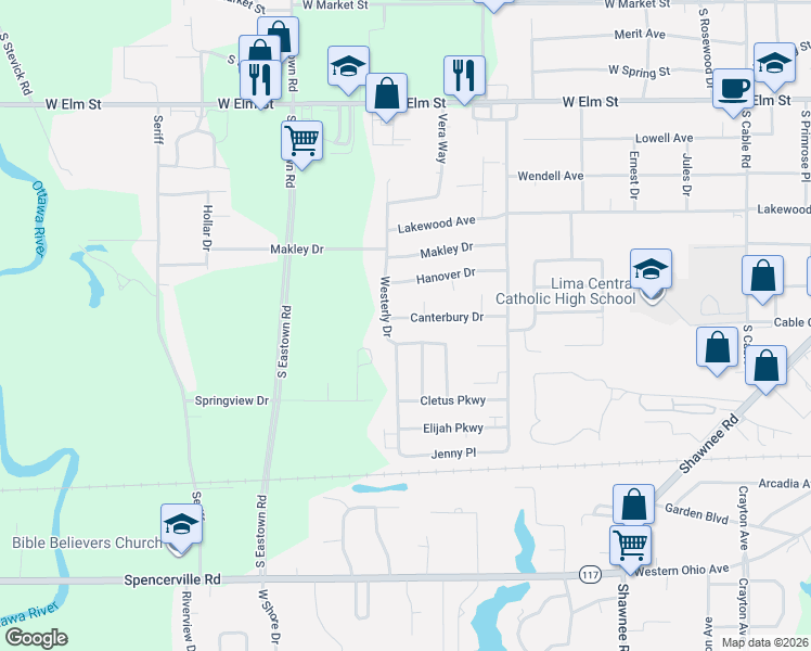 map of restaurants, bars, coffee shops, grocery stores, and more near 839 Westerly Drive in Lima