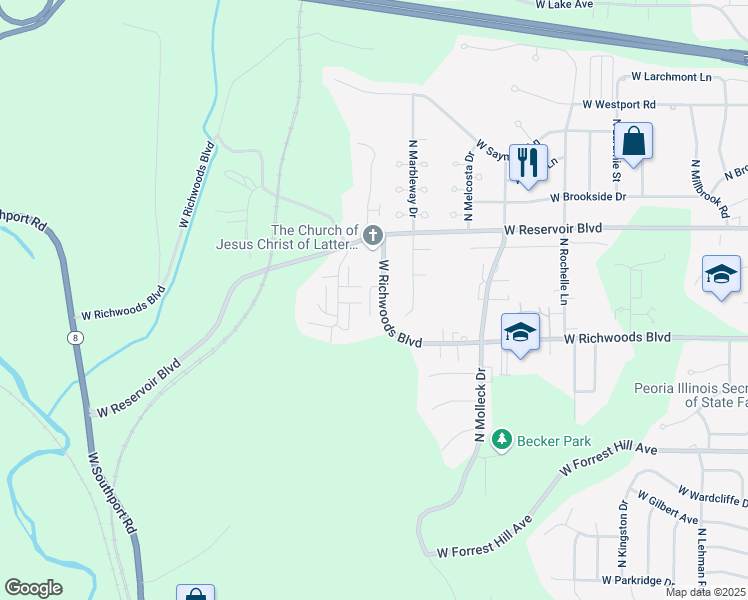 map of restaurants, bars, coffee shops, grocery stores, and more near 3558 West Richwoods Boulevard in Peoria