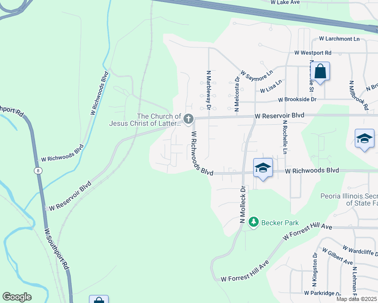 map of restaurants, bars, coffee shops, grocery stores, and more near 3558 West Richwoods Boulevard in Peoria