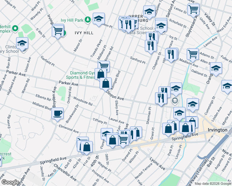 map of restaurants, bars, coffee shops, grocery stores, and more near 101 Ellery Avenue in Irvington