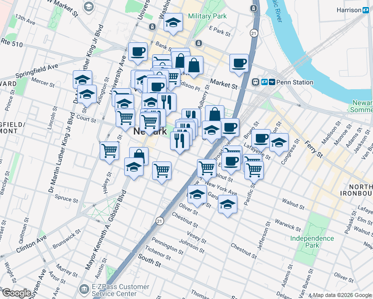 map of restaurants, bars, coffee shops, grocery stores, and more near 47-63 Green Street in Newark