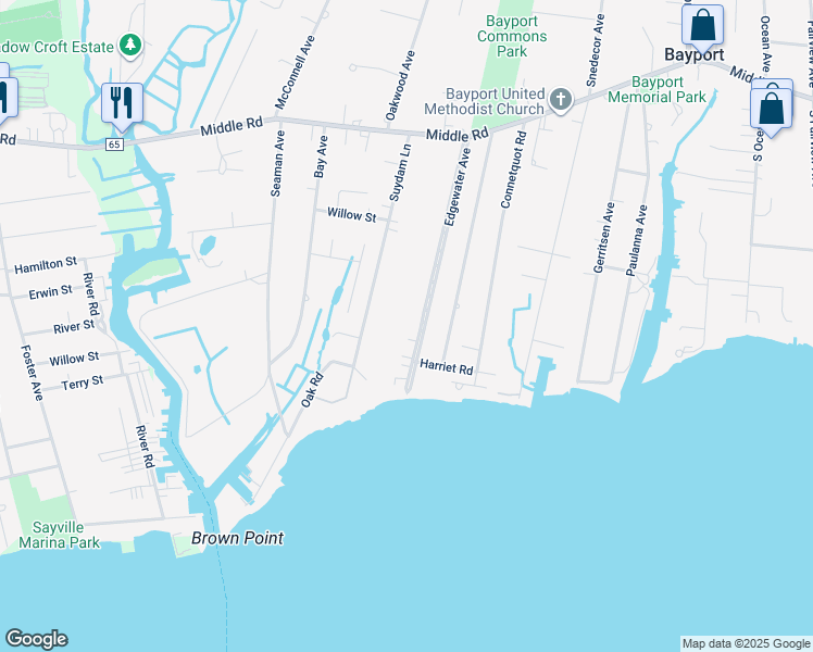 map of restaurants, bars, coffee shops, grocery stores, and more near 198 Edgewater Avenue in Bayport