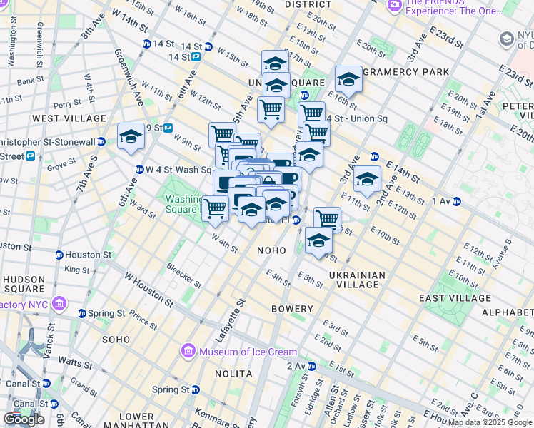 map of restaurants, bars, coffee shops, grocery stores, and more near 747 Broadway in New York