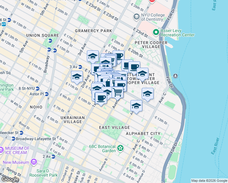 map of restaurants, bars, coffee shops, grocery stores, and more near 421 East 13th Street in New York