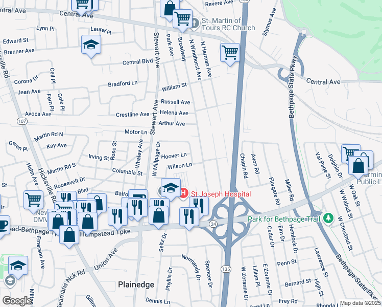 map of restaurants, bars, coffee shops, grocery stores, and more near East Millpage Drive in Plainedge