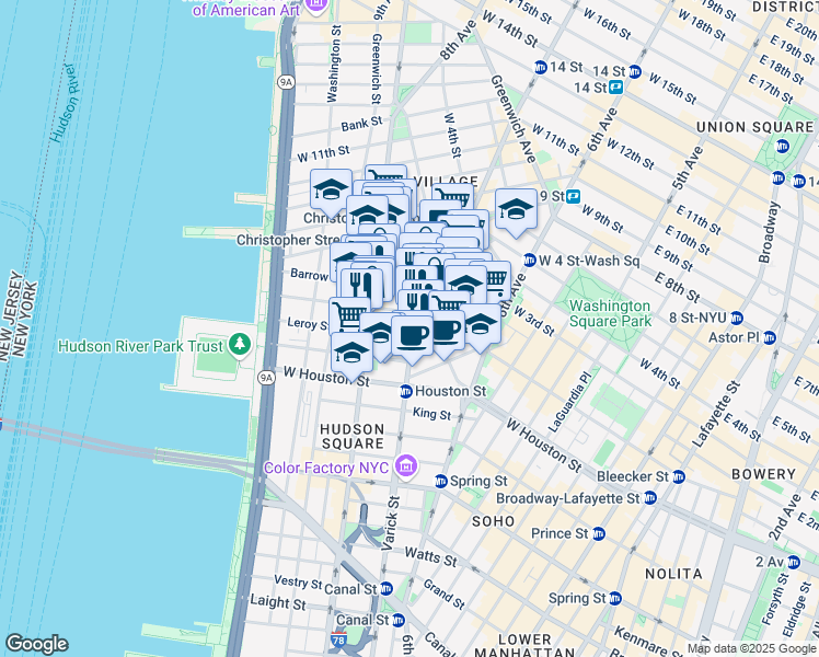 map of restaurants, bars, coffee shops, grocery stores, and more near 51 Morton Street in New York