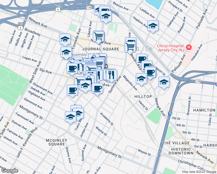 map of restaurants, bars, coffee shops, grocery stores, and more near 72 Sip Avenue in Jersey City