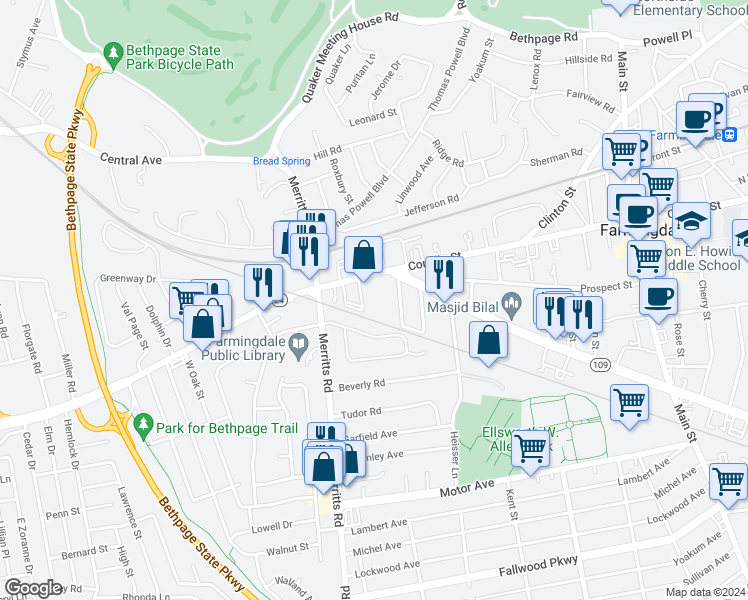 map of restaurants, bars, coffee shops, grocery stores, and more near 210 Fulton Street in Farmingdale