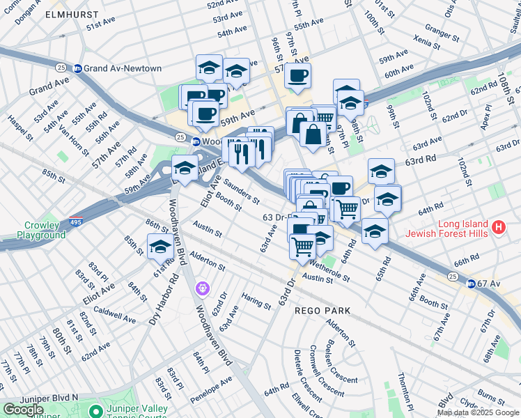 map of restaurants, bars, coffee shops, grocery stores, and more near 93-30 Queens Boulevard in Queens