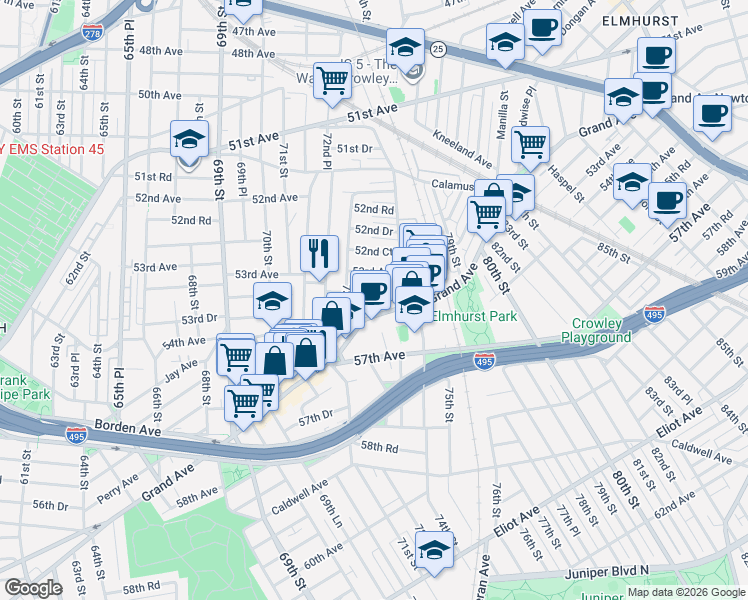 map of restaurants, bars, coffee shops, grocery stores, and more near 73-14 53rd Avenue in Queens