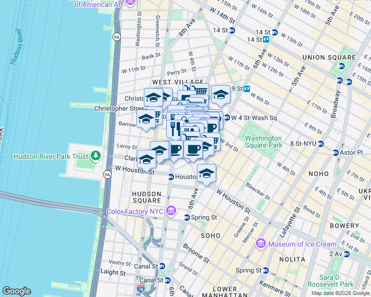 map of restaurants, bars, coffee shops, grocery stores, and more near 40 Bedford Street in New York
