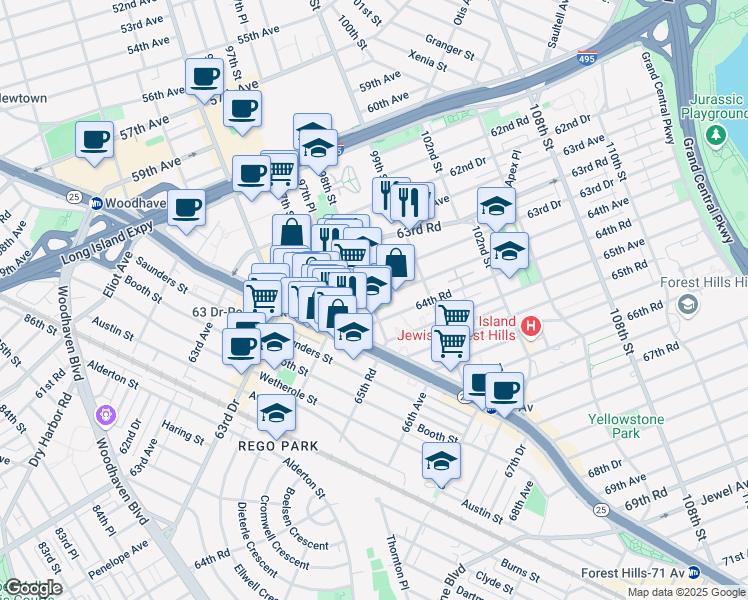 map of restaurants, bars, coffee shops, grocery stores, and more near 98-10 64th Ave in Rego Park