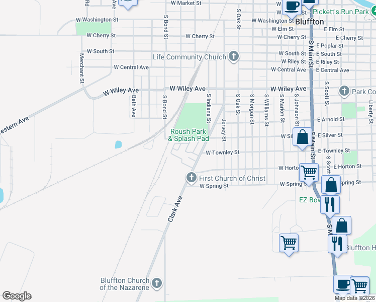 map of restaurants, bars, coffee shops, grocery stores, and more near 924-998 East Silver Street in Bluffton