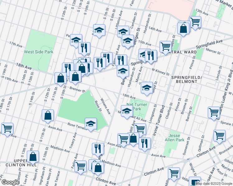 map of restaurants, bars, coffee shops, grocery stores, and more near 327 18th Avenue in Newark