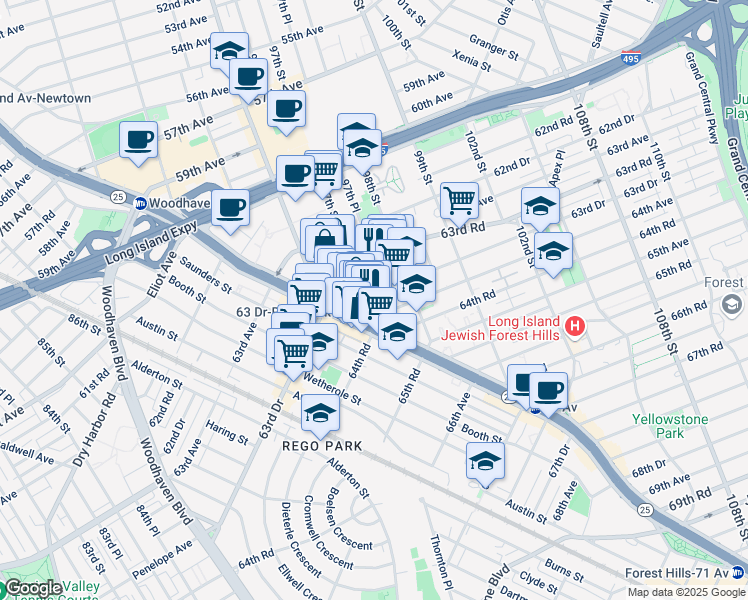 map of restaurants, bars, coffee shops, grocery stores, and more near 97-25 63rd Drive in Queens