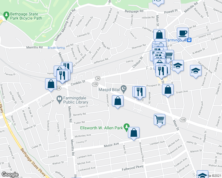 map of restaurants, bars, coffee shops, grocery stores, and more near 26 Cobb Place in Farmingdale