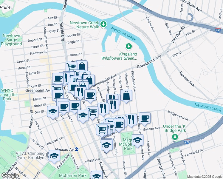 map of restaurants, bars, coffee shops, grocery stores, and more near 295 Russell Street in Brooklyn