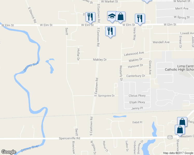 map of restaurants, bars, coffee shops, grocery stores, and more near South Eastown Road in Lima
