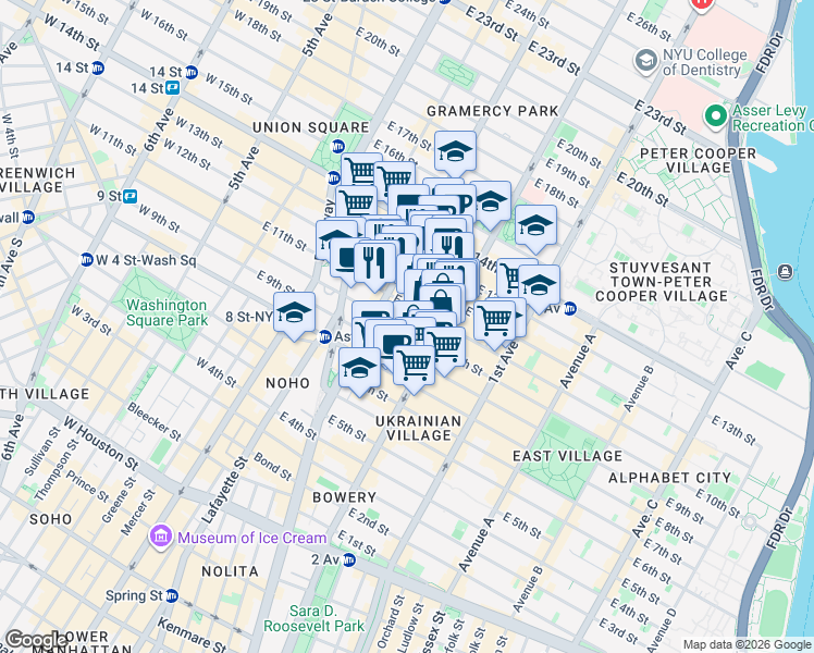 map of restaurants, bars, coffee shops, grocery stores, and more near 225 East 11th Street in New York