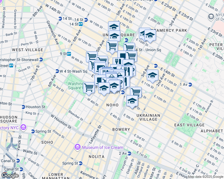 map of restaurants, bars, coffee shops, grocery stores, and more near 749 Broadway in New York