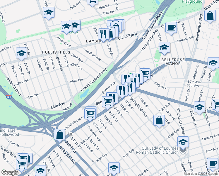 map of restaurants, bars, coffee shops, grocery stores, and more near 218-39 Sawyer Avenue in Queens