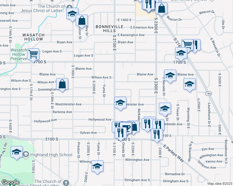 map of restaurants, bars, coffee shops, grocery stores, and more near 1837 South 2100 East in Salt Lake City