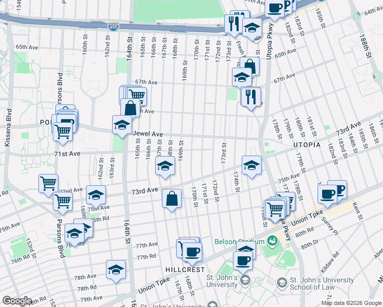 map of restaurants, bars, coffee shops, grocery stores, and more near 70-16 170th Street in Queens
