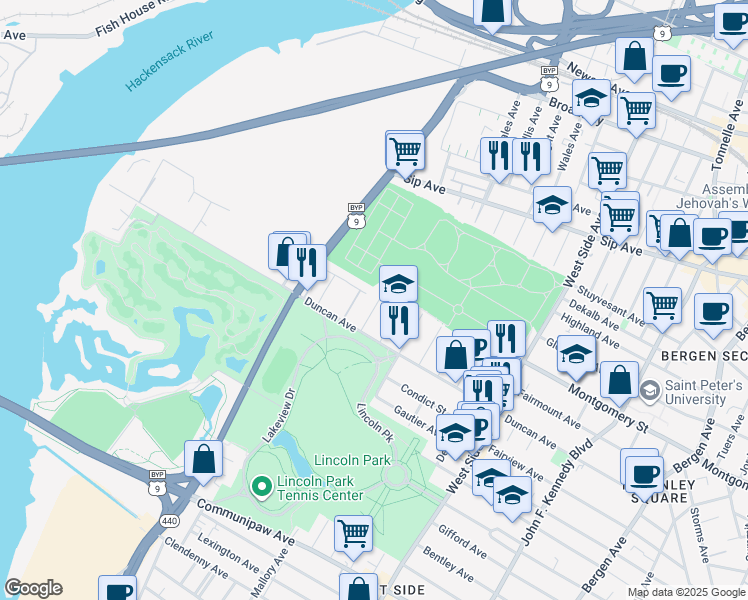 map of restaurants, bars, coffee shops, grocery stores, and more near 129 Harvey Avenue in Jersey City