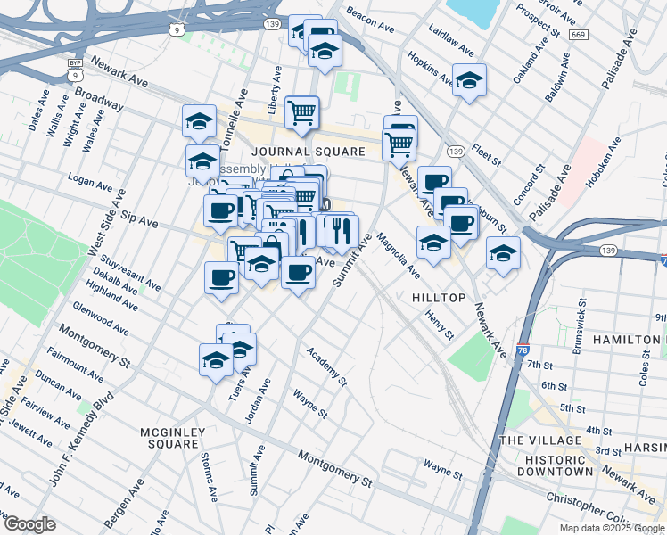 map of restaurants, bars, coffee shops, grocery stores, and more near 72 Sip Avenue in Jersey City