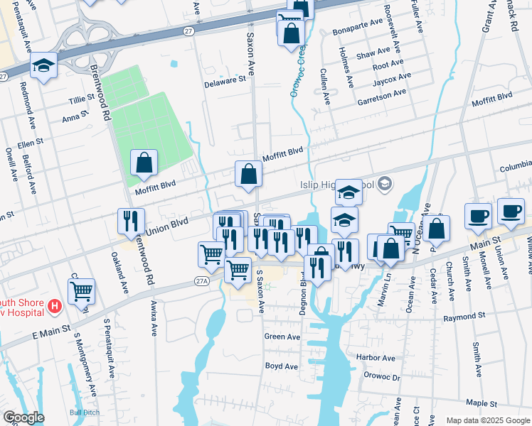 map of restaurants, bars, coffee shops, grocery stores, and more near in Islip