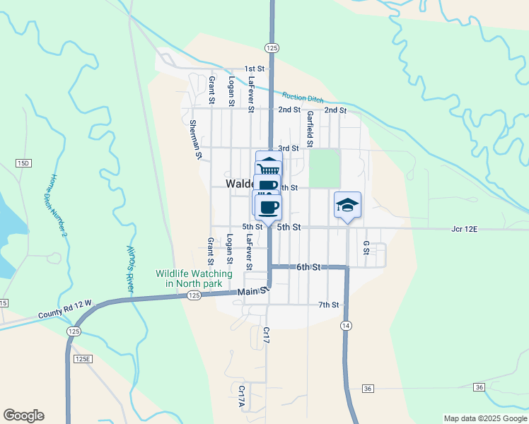 map of restaurants, bars, coffee shops, grocery stores, and more near 428 Main Street in Walden
