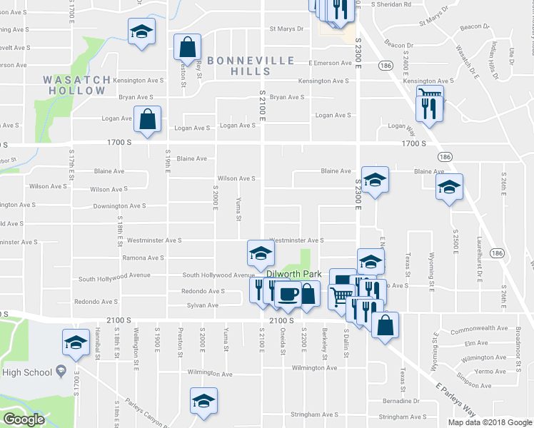 map of restaurants, bars, coffee shops, grocery stores, and more near 1837 South 2100 East in Salt Lake City